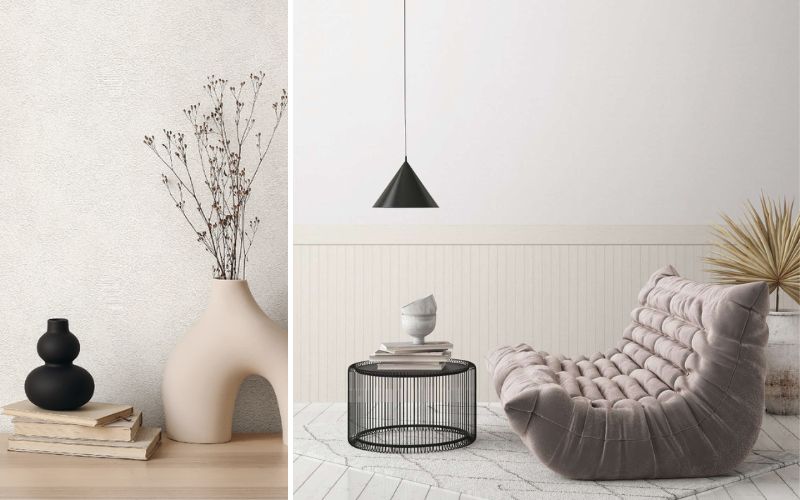 Wohnideen mit weißen Tapeten: links dezente Struktur-Tapete mit minimalistischer Deko, rechts modernes Wohnzimmer mit weißer Tapete und gemütlichem Sessel.