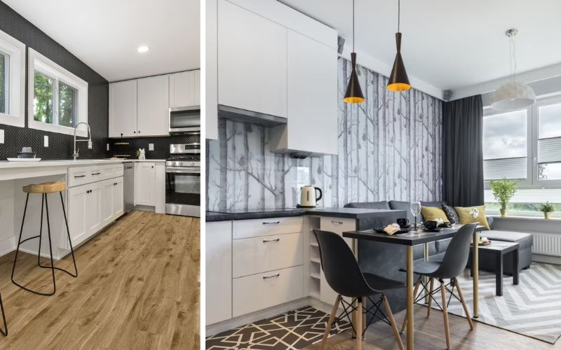 Tapeten für die Küche: links eine moderne schwarze Struktur-Tapete als eleganter Kontrast zu weißen Küchenfronten, rechts eine trendige Tapete in Marmor-Optik, die der Küche einen stilvollen und zugleich gemütlichen Charakter verleiht