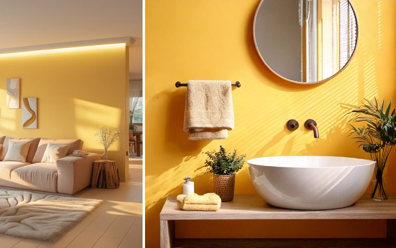 Gelbe Wandfarbe für freundliche Räume: links ein Wohnzimmer mit heller Couch und gelber Akzentwand, rechts ein Badezimmer mit sonnengelben Wänden, rundem Spiegel und moderner Waschtischgestaltung