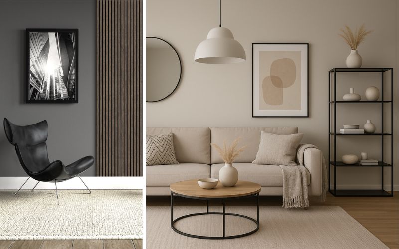 Dekoration für stilvolle Wohnräume: Links eine moderne Wandgestaltung mit dunklen Paneelen, Schwarz-Weiß-Fotografie und einem Akzentstuhl. Rechts ein minimalistisch eingerichtetes Wohnzimmer mit Vasen, Wandbildern und offenen Regalen.