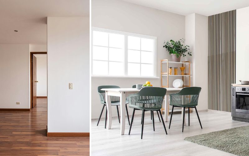 Moderne Räume mit weißen Wandfarben: links ein schlichter Flur mit Holzboden, rechts ein heller Essbereich mit minimalistischer Einrichtung und natürlicher Dekoration.
