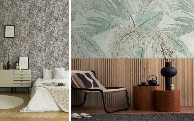 Tadessi Tapeten für kreative Wandgestaltung: links ein Schlafzimmer mit großflächiger Blattmuster-Tapete in dezenten Farben für ein harmonisches Ambiente, rechts eine Akzentwand mit grünlicher Tropen-Illustration und vertikalen Holzpaneelen, die Natürlichkeit und moderne Eleganz vereinen 