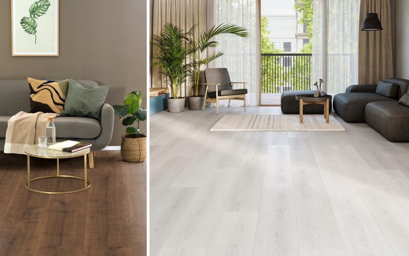 Laminat in Eiche-Optik für vielseitige Raumgestaltung: links warmes Wohnzimmer mit braunem Eiche-Laminat, grauem Sofa und dekorativem Couchtisch, rechts modernes, lichtdurchflutetes Wohnzimmer mit hellem Eiche-Laminat, großen Fenstern und eleganter Einrichtung 