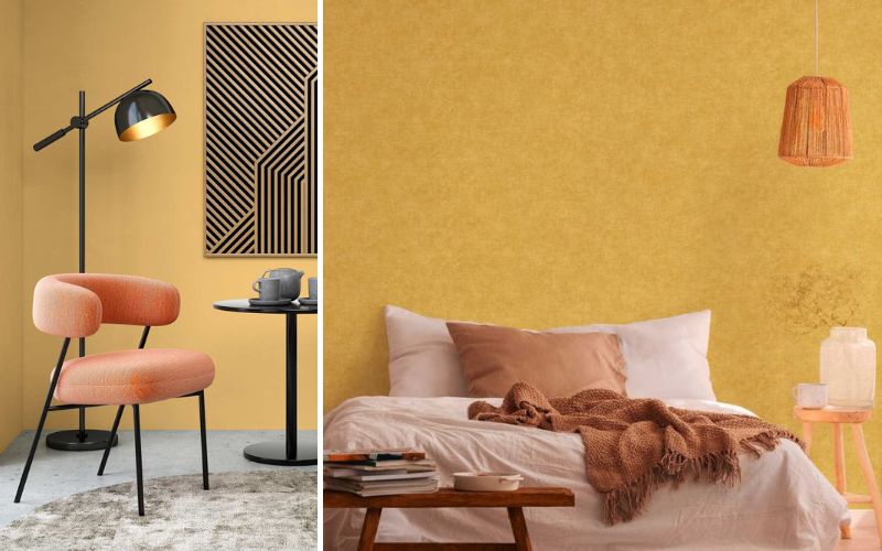 Gelbe Tapeten für frische Wohnideen: links eine glatte gelbe Wandtapete im modernen Essbereich mit Designerstuhl, rechts eine gelbe Struktur-Tapete im Schlafzimmer mit Bett und Naturdeko