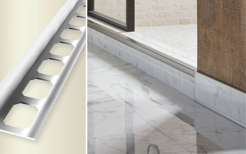 Fliesenprofile: Links ein Aluminium-Fliesenprofil in Detailansicht mit stabilen Ausstanzungen für sicheren Halt, rechts ein eleganter Bodenabschluss im Bad mit Fliesenprofilen für saubere Übergänge und langlebigen Kantenschutz.