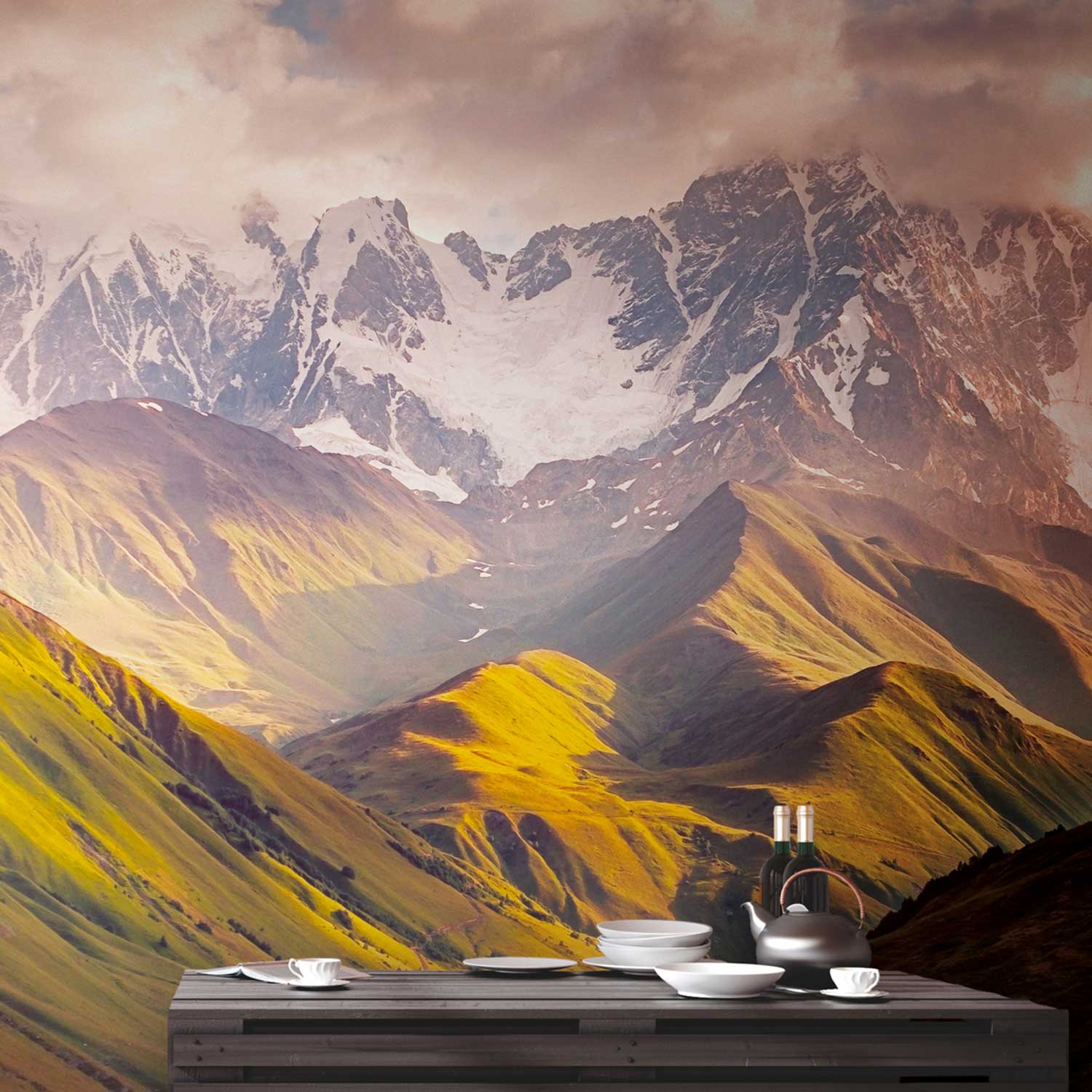 Tadessi Fototapete Berge M1-No.10285 Digitaldruck Tapete Grün Braun - Landschaft Natur Wolken