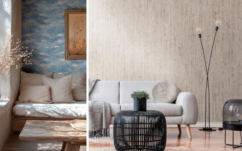 Tadessi Tapeten für stilvolle Wohnakzente: links ein gemütlicher Sitzbereich mit einer künstlerisch wolkenartigen Tapete in Blau- und Beigetönen, die für eine beruhigende, kreative Atmosphäre sorgt, rechts ein modernes Wohnzimmer mit einer dezenten, strukturierten Tapete in Naturfarben, die Eleganz und Behaglichkeit verbindet 