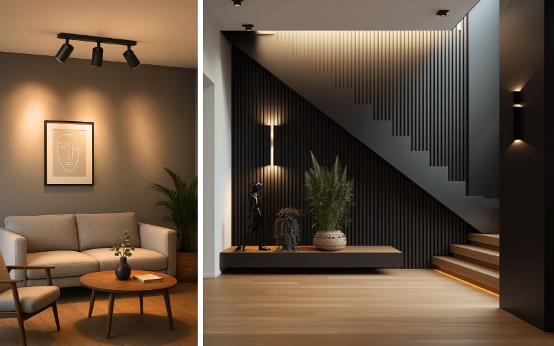 Strahler für flexible Beleuchtung: links dreifacher Deckenstrahler im Wohnzimmer, der gezielt Licht auf Sofa, Couchtisch und Wandbild setzt, rechts elegante Wand- und Deckenstrahler in einer modernen Treppenhausgestaltung mit Akzentbeleuchtung und stilvollen Lichteffekten