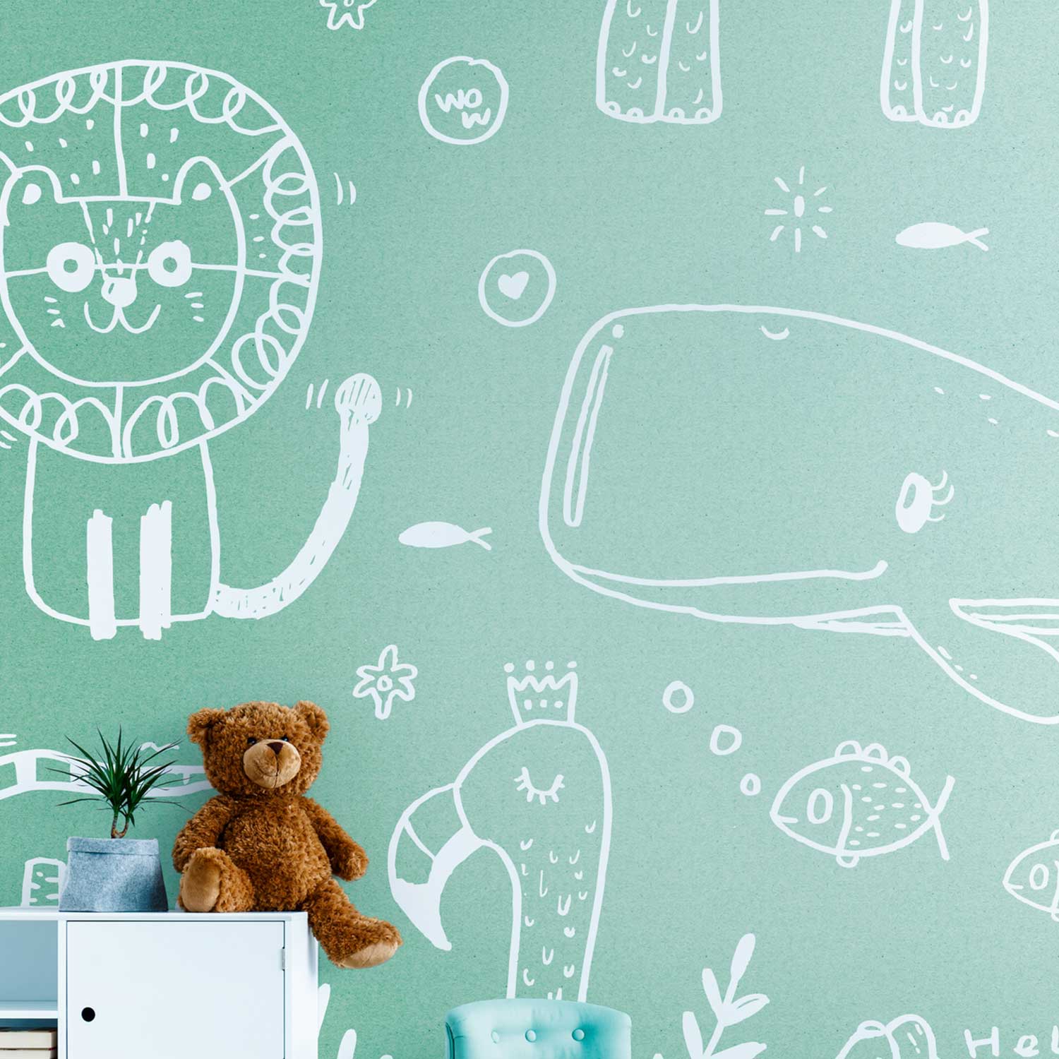 Tadessi Fototapete Tiere M1-No.10323 Digitaldruck Tapete Grün Weiß Wal - Modern Kinderzimmer Löwe