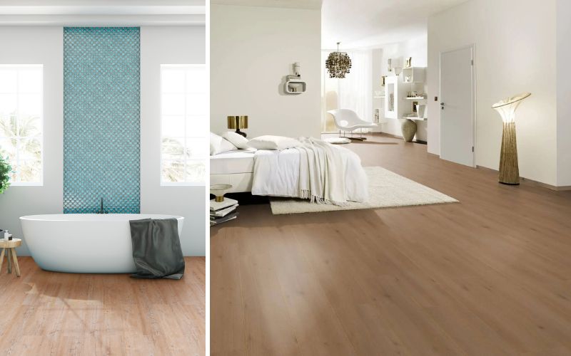 Vinylboden braun für warme Wohnakzente: links im Bad in Kombination mit weißen Wänden und türkisfarbenen Mosaikfliesen, rechts im Schlafzimmer großflächig verlegt und perfekt abgestimmt auf helle Möbel und natürliche Deko. 