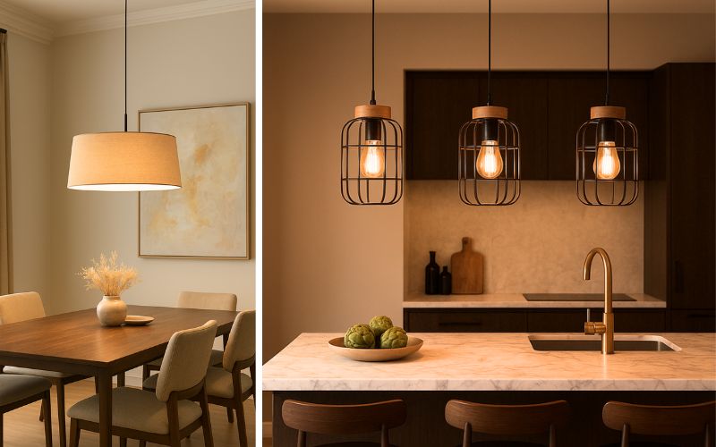 Pendelleuchten für stilvolle Akzente: links Essbereich mit klassischer Stoff-Pendelleuchte in Beige über einem Holztisch, rechts moderne Küche mit drei industriellen Käfig-Pendelleuchten und warmem Licht 