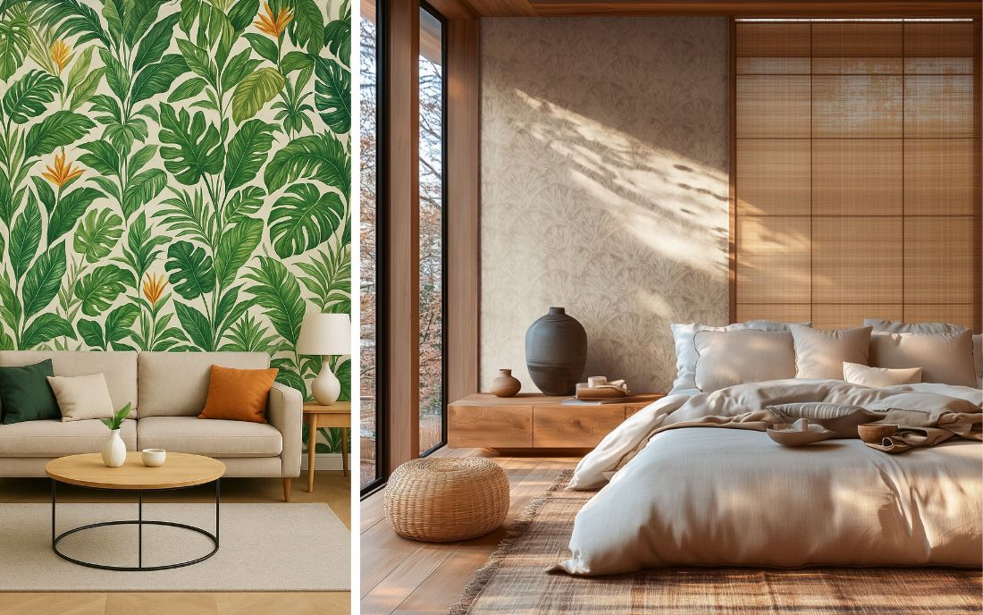 Wandtapete: links Wohnzimmer mit auffälliger, tropischer Wandtapete in kräftigen Grün- und Orangetönen, die Frische und Lebendigkeit vermittelt, rechts Schlafzimmer mit dezenter, naturinspirierten Wandtapete in Beige, die eine ruhige und harmonische Atmosphäre schafft.