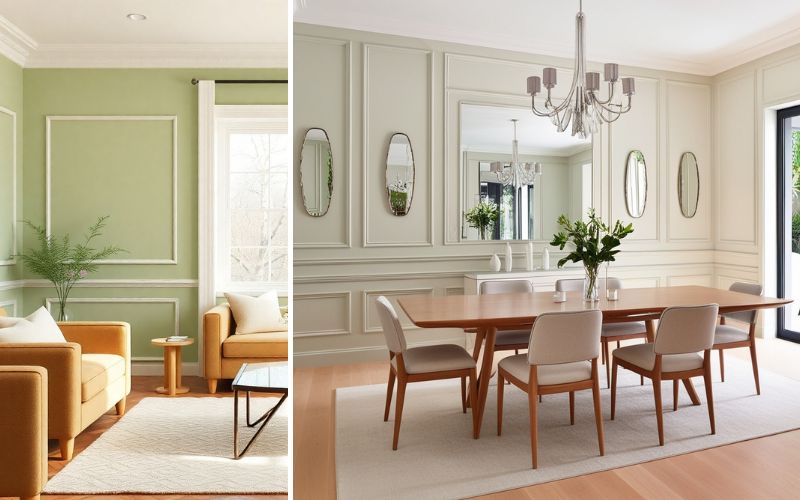 Zierleisten aus Gips für klassisches Wohnambiente: links stilvolles Wohnzimmer mit grüner Wandfarbe und eleganten Gips-Zierleisten, die den Raum optisch strukturieren, rechts edles Esszimmer mit aufwendig gestalteten Wandpaneelen und Gipsleisten, die für ein luxuriöses und zeitloses Raumgefühl sorgen 