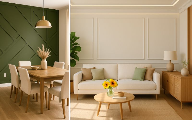 Styropor Wandleisten zur Wandgestaltung: links Essbereich mit dunkelgrüner Akzentwand und geometrisch verlegten Styropor-Wandleisten, rechts Wohnzimmer mit cremefarbener Wand und klassisch gerahmten Paneelfeldern aus Styroporleisten