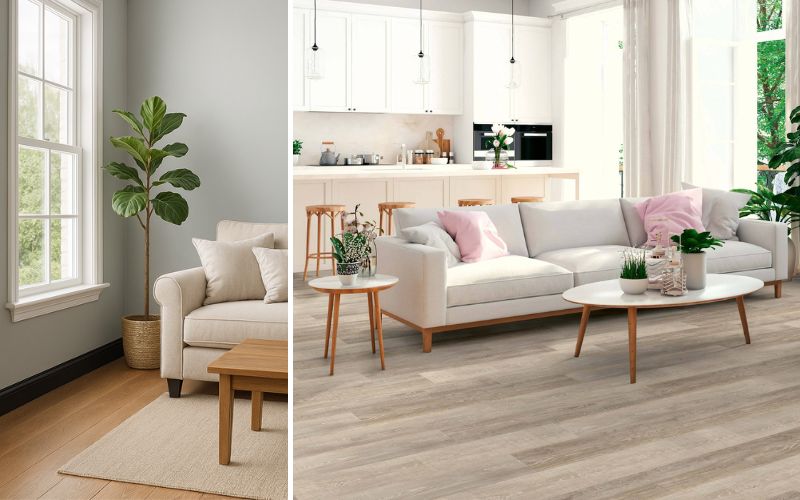 Boden Topseller in modernem Wohnstil: links ein Wohnzimmer mit grauem Holzfußboden und heller Einrichtung, rechts eine offene Küche mit Ess- und Wohnbereich auf hellem, trendigem Vinylboden