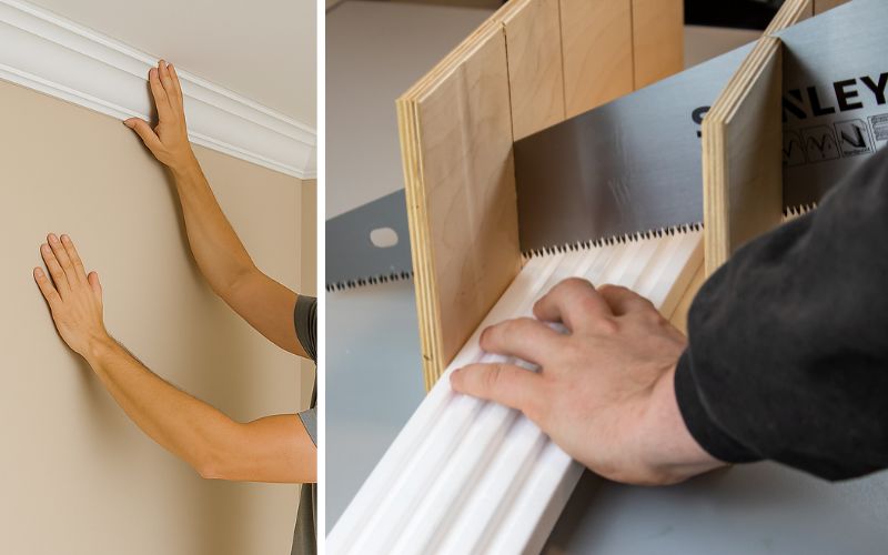 Stuck-Zubehör für exakte Verarbeitung: links das Anbringen einer Stuckleiste an der Decke für elegante Raumgestaltung, rechts das präzise Zuschneiden einer Leiste mit Gehrungslade und Säge – unverzichtbares Zubehör für passgenaue Stuckarbeiten 