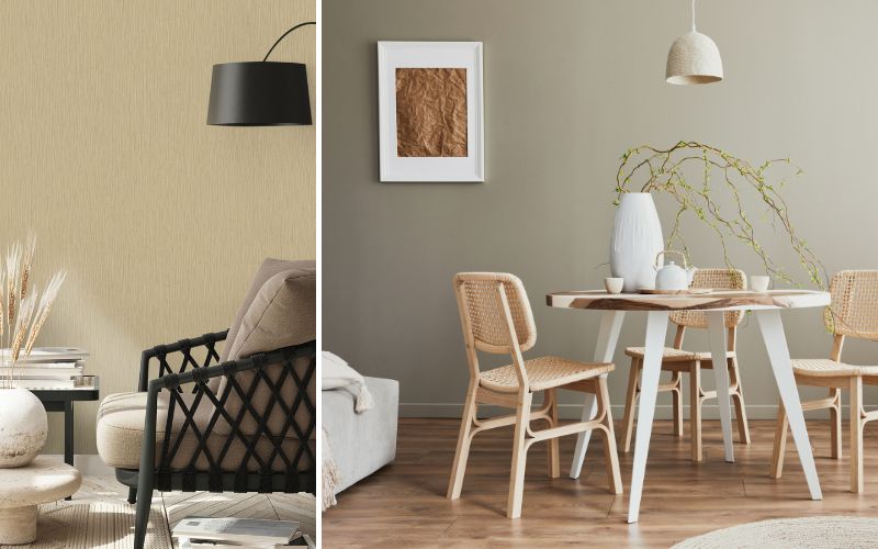 Einfarbige Tapeten in modernem Wohnstil: links beige Tapete in Kombination mit schwarzen Möbeln, rechts ein Esszimmer mit schlichter graubeiger Tapete und natürlicher Einrichtung.