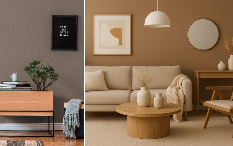 Braune Tapeten für gemütliche Wohnräume: links eine strukturierte Tapete in Braun hinter Holzkommode und Pflanze, rechts eine glatte braune Wandtapete im Wohnzimmer mit beigem Sofa, Holzdekor und Wandbildern