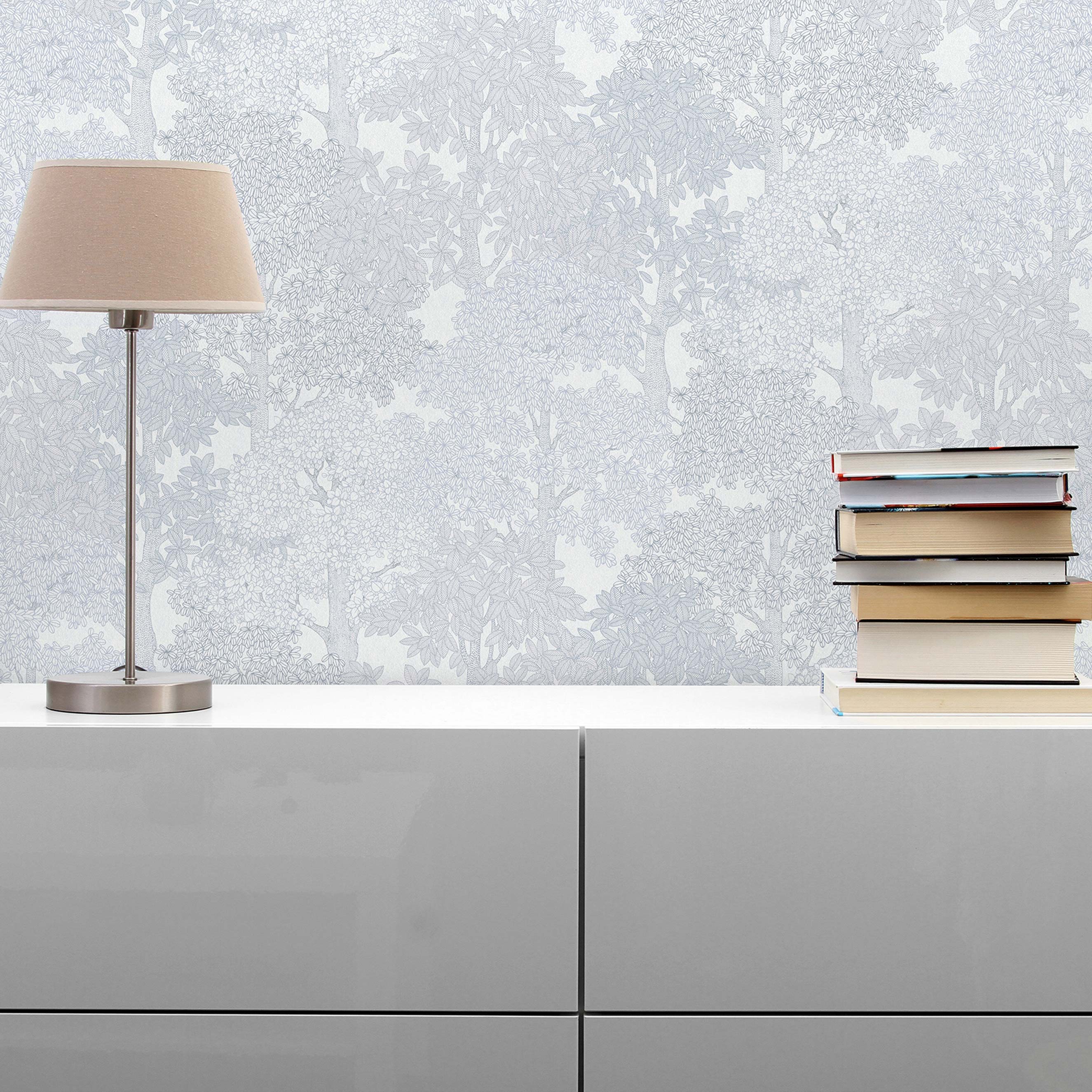 Tapete Bäume Blätter Enrico M1-No.1445 | Vliestapete | Grau | Weiß | Waldtapete