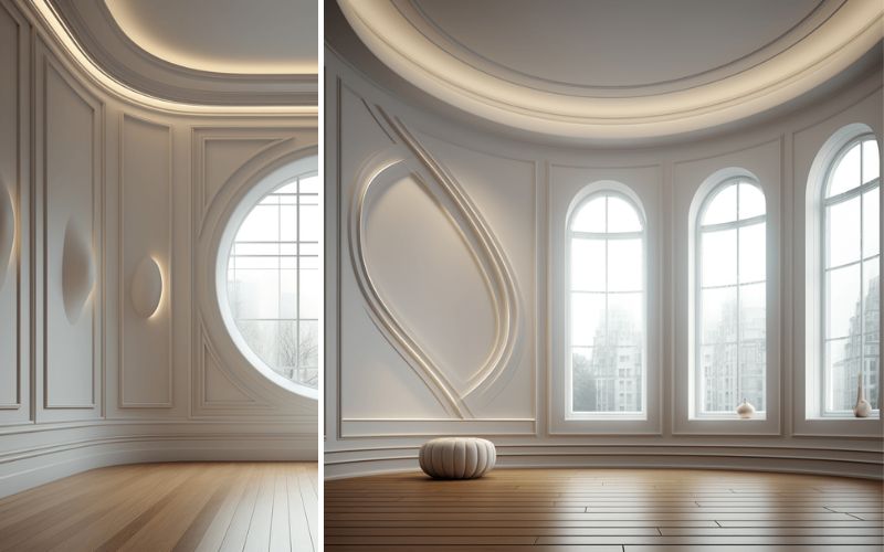 Flexible Deckenleisten für kreative Raumgestaltung: links geschwungene Wandgestaltung mit runden Fenstern und eleganten Lichtakzenten, rechts großzügiger Raum mit hohen Bogenfenstern und flexiblen Stuckleisten für individuelle Designs