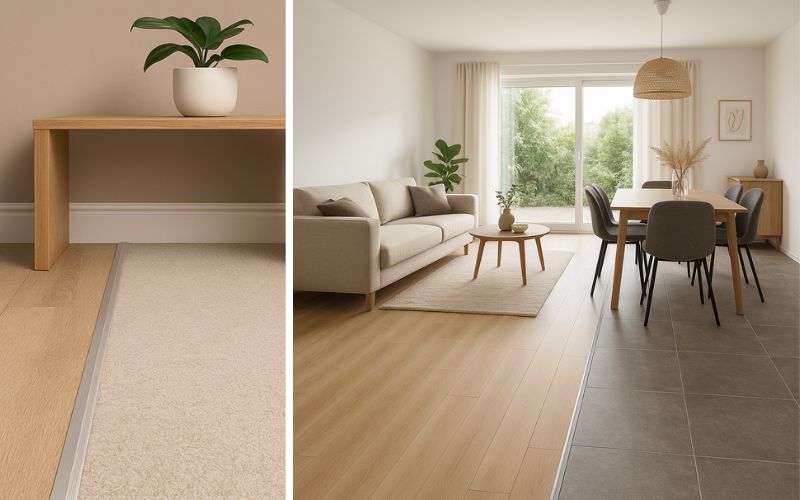 Proviston Bodenprofile für stilvolle Übergänge: links ein dezentes Profil, das Teppichboden und Parkett sauber miteinander verbindet, rechts ein Wohn- und Essbereich mit großformatigen Fliesen und Holzoptik-Boden, die durch elegante Bodenprofile harmonisch kombiniert werden.