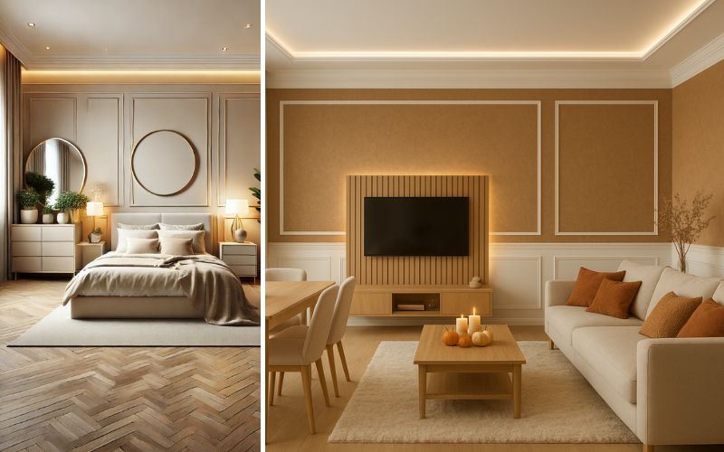 LED-Deckenleisten für stimmungsvolle Beleuchtung: links gemütliches Schlafzimmer mit indirektem Licht durch elegante LED-Leisten an der Decke, rechts modernes Wohnzimmer mit stilvollen LED-Deckenleisten, die den Raum harmonisch ausleuchten 