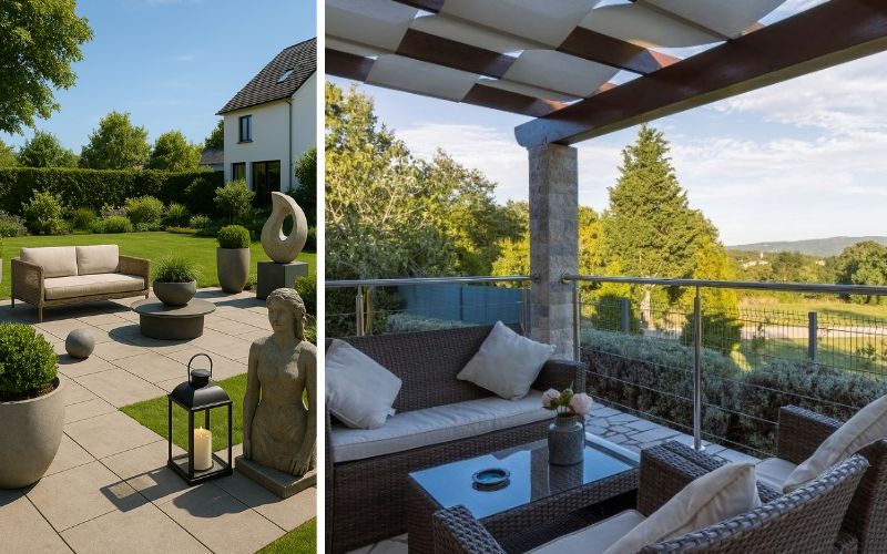 Gartendeko für stilvolle Außenbereiche: links moderner Garten mit Sitzmöbeln, Figuren, Pflanzkübeln und Laternen, rechts gemütlich eingerichtete Terrasse mit Rattanmöbeln, Kissen und Blumenarrangement 