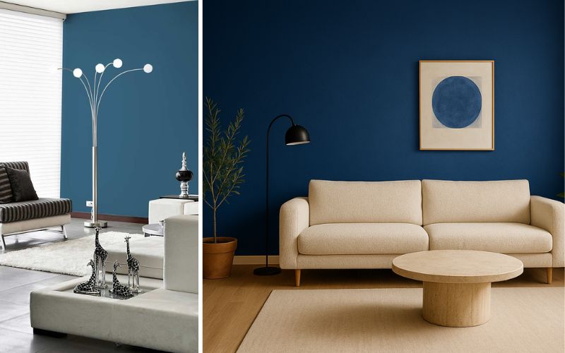 Wandfarbe Indigo für moderne Wohnideen: links elegantes Wohnzimmer mit Indigo-Akzentwand und Designer-Stehlampe, rechts stilvolle Einrichtung mit tiefblauer Wand, hellem Sofa und rundem Couchtisch