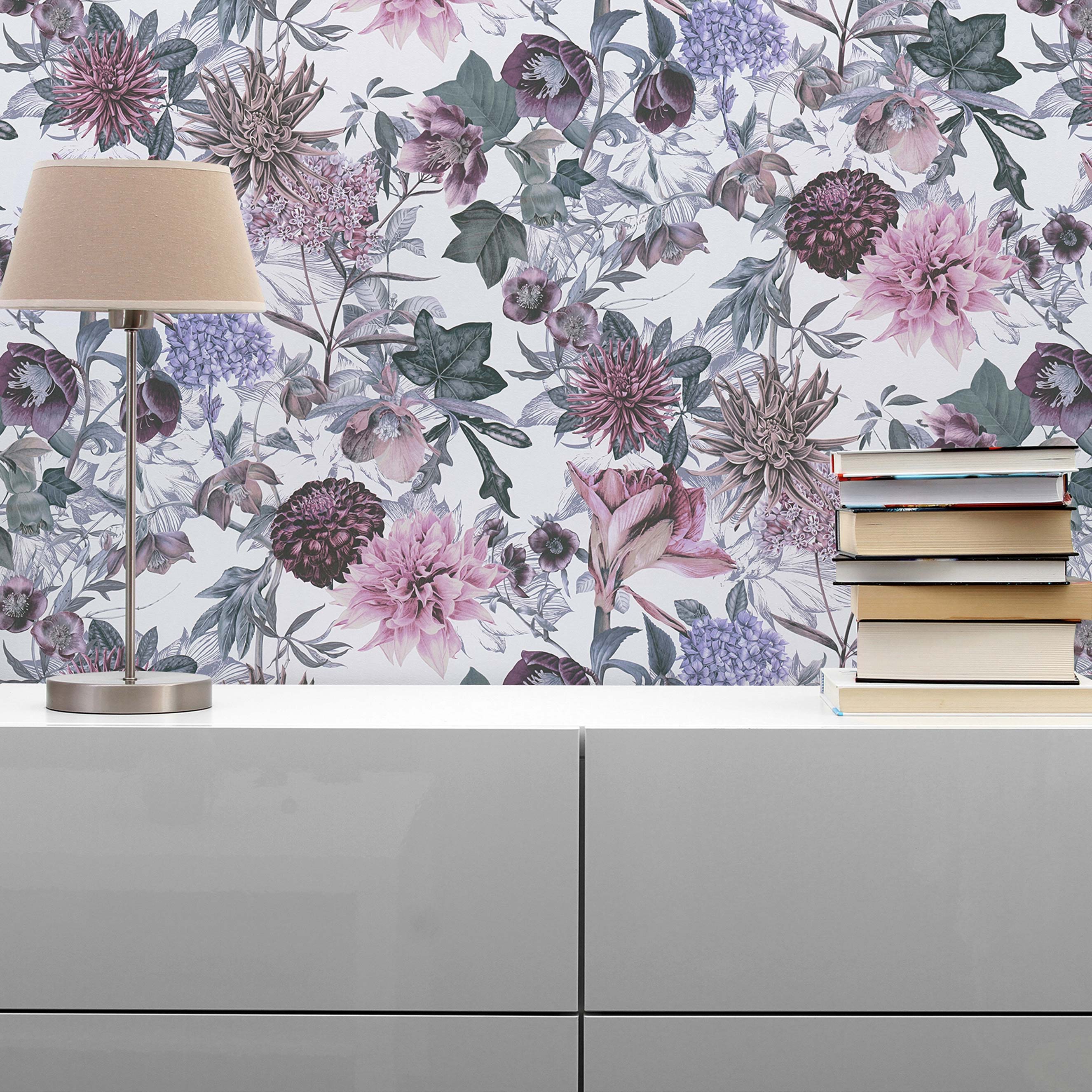 Tapete Dschungel Enrico M1-No.773 | Vliestapete | Weiß | Lila | Blumenoptik | Floral