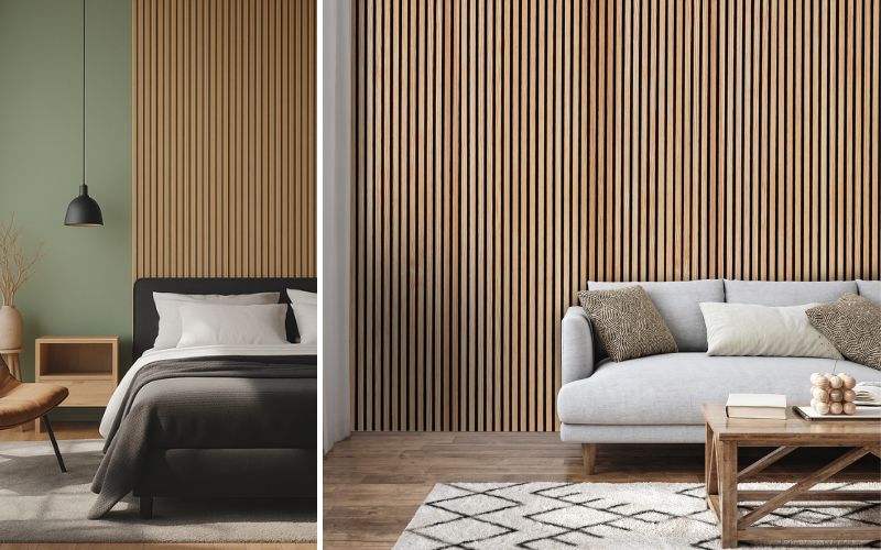 Moderne 3D Wandpaneele in Holzoptik: links Schlafzimmer mit grüner Wand und vertikalen Paneelen hinter dem Bett, rechts Wohnzimmer mit dekorativer Holzpaneelwand hinter dem Sofa