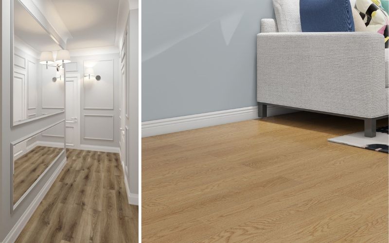 Eiche Parkett für zeitlose Eleganz: links edles Eichenparkett in einem stilvoll gestalteten Flur mit Wandverzierungen und Spiegeln, rechts warmer Eichenboden im modernen Wohnzimmer mit hellgrauem Sofa