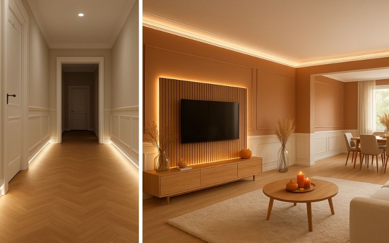 Proviston Lichtleisten für stimmungsvolle Akzente: links ein Flur mit eleganter Sockelbeleuchtung, die den Raum dezent erhellt, rechts ein Wohnzimmer mit warmen Lichtleisten an Decke und TV-Wand, die eine gemütliche und moderne Atmosphäre schaffen