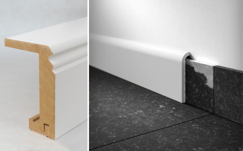 Abdeckleisten in Weiß: links eine MDF-Abdeckleiste im Querschnitt, rechts montierte Leiste als sauberer Abschluss zwischen Wand und Bodenfliesen