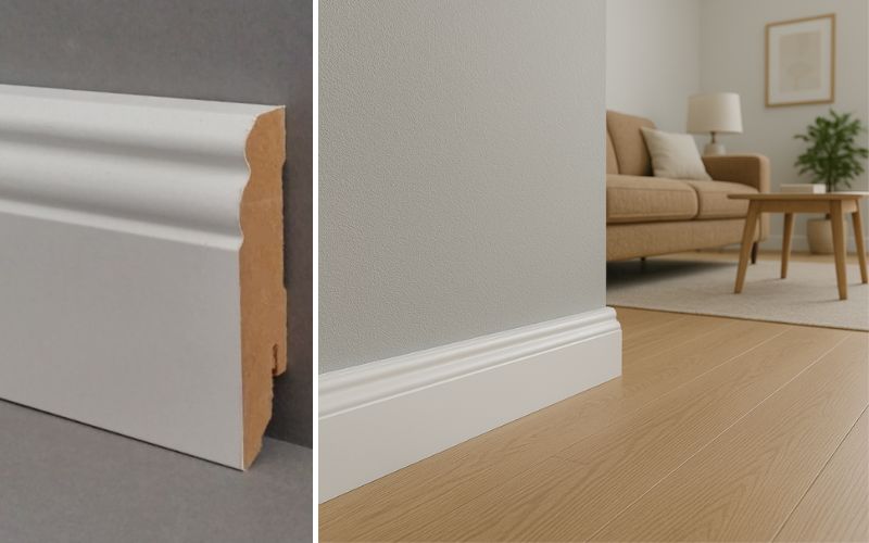 Sockelleisten Topseller: links Querschnitt einer weißen profilierten MDF-Sockelleiste, rechts montierte weiße Profilleiste als eleganter Wand-Boden-Abschluss im Wohnzimmer mit hellem Holzboden 