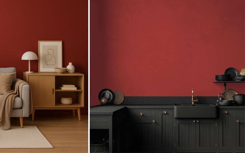 Cherry Rot Wandfarbe für moderne Raumgestaltung: links ein gemütliches Wohnzimmer mit warmem Rotton, kombiniert mit hellen Holzmöbeln und minimalistischer Deko für ein harmonisches Ambiente, rechts eine elegante Küche, in der die kräftig rote Wand einen spannenden Kontrast zu den dunklen Küchenfronten bildet und so für eine ausdrucksstarke Atmosphäre sorgt.