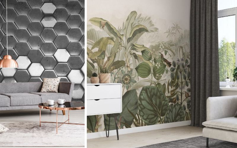 Fototapete Wohnzimmer: links modernes Wohnzimmer mit auffälliger 3D-Wabenstruktur in Betonoptik als Fototapete für einen urbanen Look, rechts botanische Fototapete mit großflächigen tropischen Blättern, die eine natürliche und lebendige Atmosphäre ins Wohnzimmer bringt.