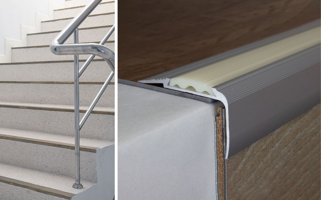  Treppenwinkel: Links eine Treppe mit dezent eingesetzten Treppenwinkeln für sicheren Halt und Schutz der Kanten, rechts eine Detailaufnahme eines Treppenwinkels mit rutschhemmender Oberfläche für zusätzlichen Schutz und Langlebigkeit.