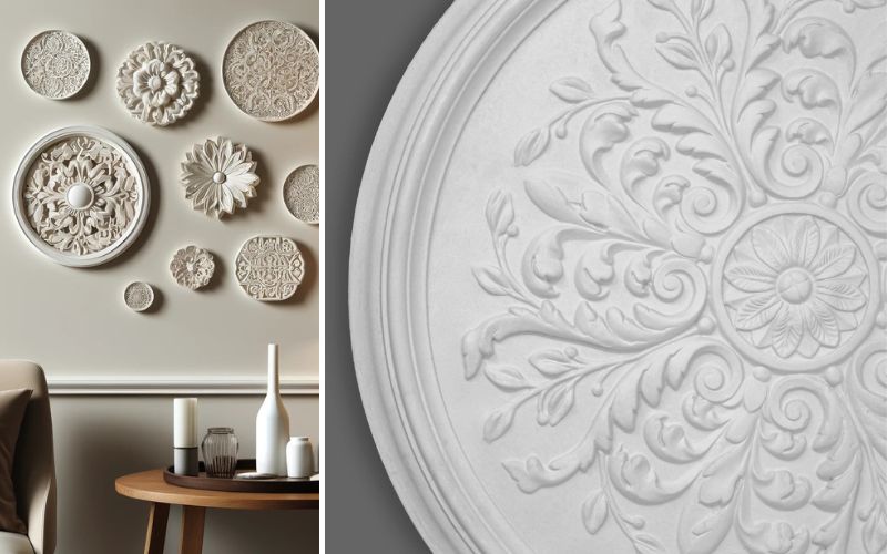 Stuckrosetten als Wanddeko: links mehrere weiße Rosetten in unterschiedlichen Größen und Ornamenten an einer Wohnwand über Konsole und Deko, rechts Detailaufnahme einer runden Stuckrosette mit floralem Relief