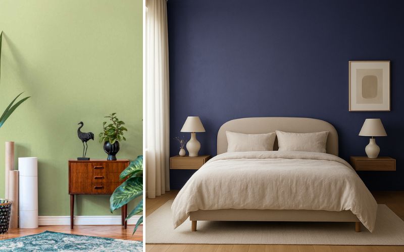 Trendfarben für moderne Wohnräume: links frisches Hellgrün als Akzent im Wohnzimmer, rechts tiefes Navyblau als elegante Schlafzimmerwandfarbe mit zeitloser Wirkung