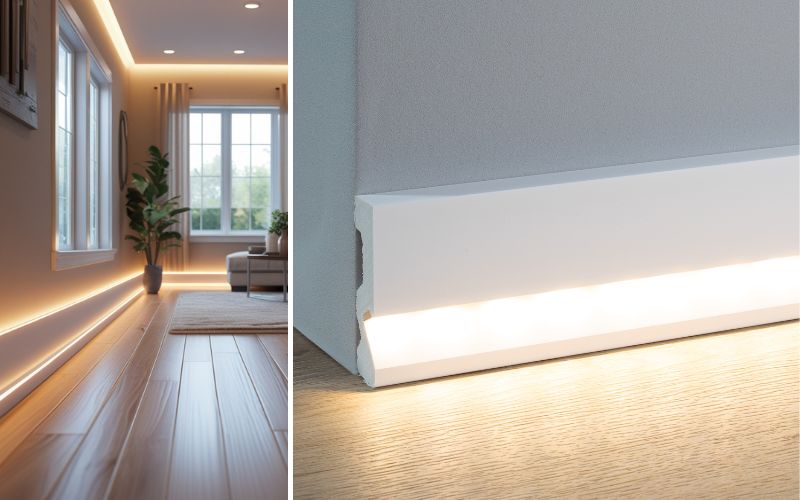 LED Sockelleisten in modernem Wohnraum: links ein heller Flur mit integrierter LED-Beleuchtung in den Sockelleisten, rechts Detailaufnahme einer weißen LED Sockelleiste mit warmem Lichtschein