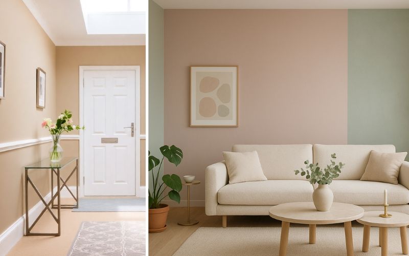 Pastell Wandfarben für eine sanfte Wohnatmosphäre: links Flur in warmem Beige mit weißen Akzenten, rechts Wohnzimmer in zarten Pastelltönen Grün und Rosé mit heller Einrichtung und minimalistischer Deko