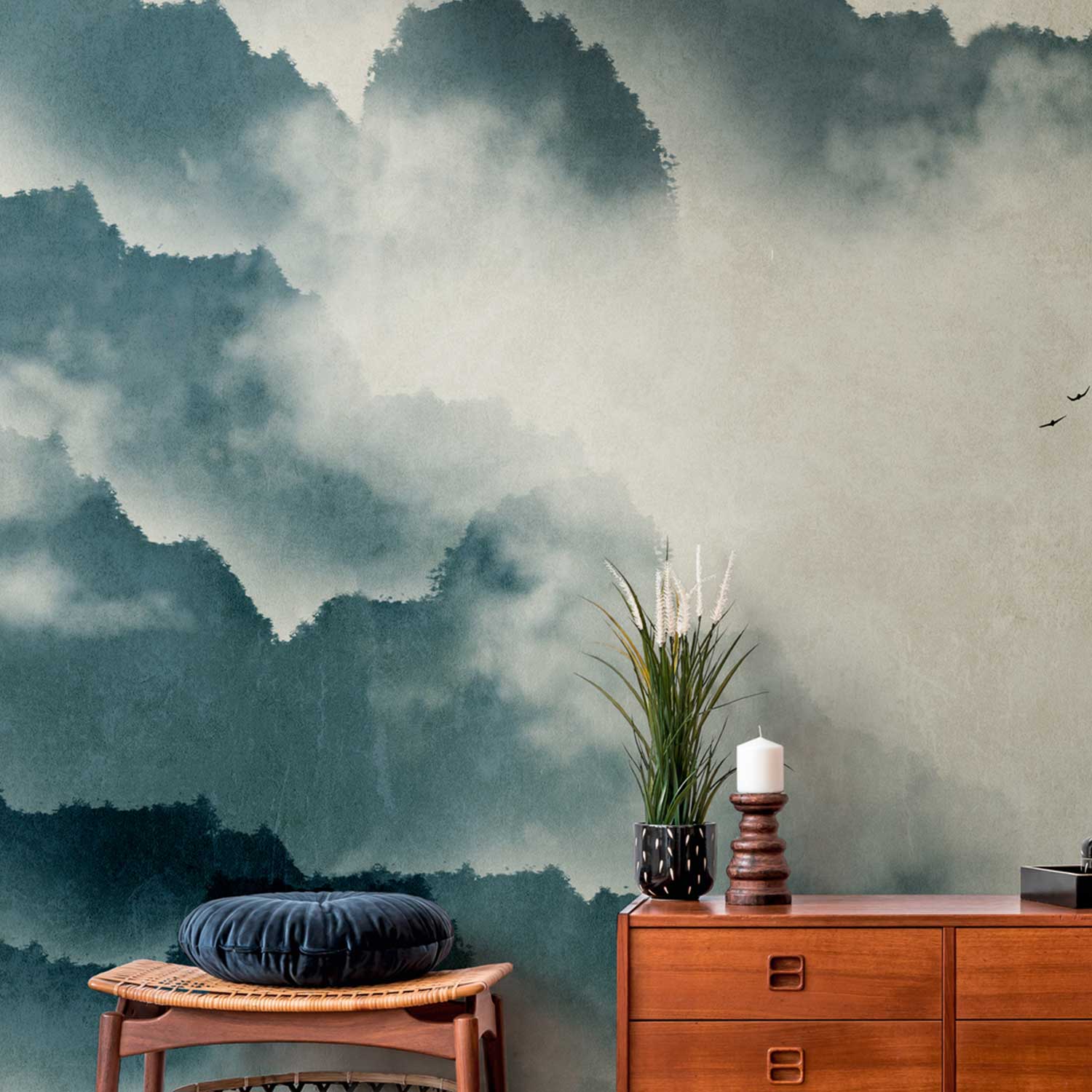 Tadessi Fototapete Landschaft M1-No.10278 Digitaldruck Tapete Blau Beige - Vögel Wald Nebel