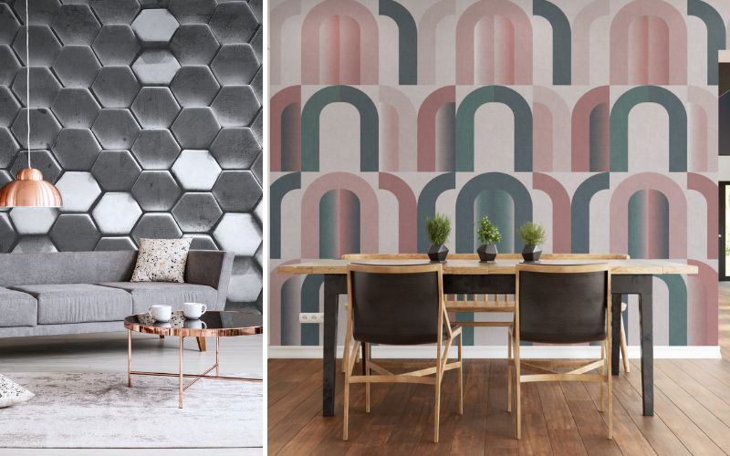 Fototapete 3D Optik für moderne Raumgestaltung: links eine graue 3D-Wandtapete mit Wabenstruktur im Wohnzimmer, rechts eine farbenfrohe 3D-Tapete mit geometrischen Bögen in Rosa, Grau und Grün im Esszimmer