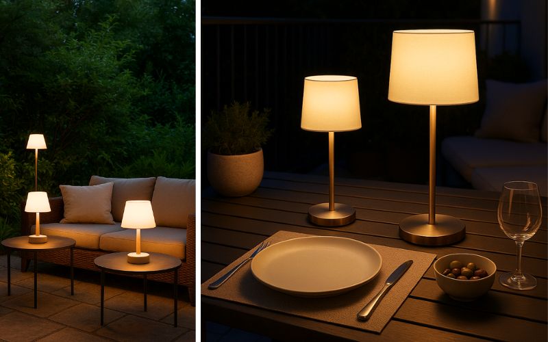  Tischleuchten für draußen: links mehrere elegante Außen-Tischlampen auf Couchtischen einer Terrasse, rechts zwei stimmungsvolle Leuchten mit Stoffschirm auf einem gedeckten Esstisch im Freien