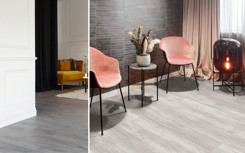Stilvoll und vielseitig Vinylboden in Grau: links in einem hellen Wohnbereich mit klassischer Wandgestaltung, rechts modern kombiniert mit dunkler Wandverkleidung und eleganten Möbeln – robust, pflegeleicht und zeitlos schön
