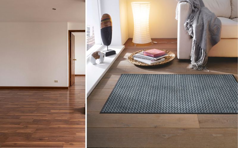 Vinylboden in dunkler Optik für stilvolle Räume: links klassisch in sattem Dunkelbraun, ideal für zeitlose Eleganz in Wohnbereichen, rechts in moderner Ausführung kombiniert mit einem Teppich und gemütlicher Einrichtung für ein warmes, wohnliches Ambiente.