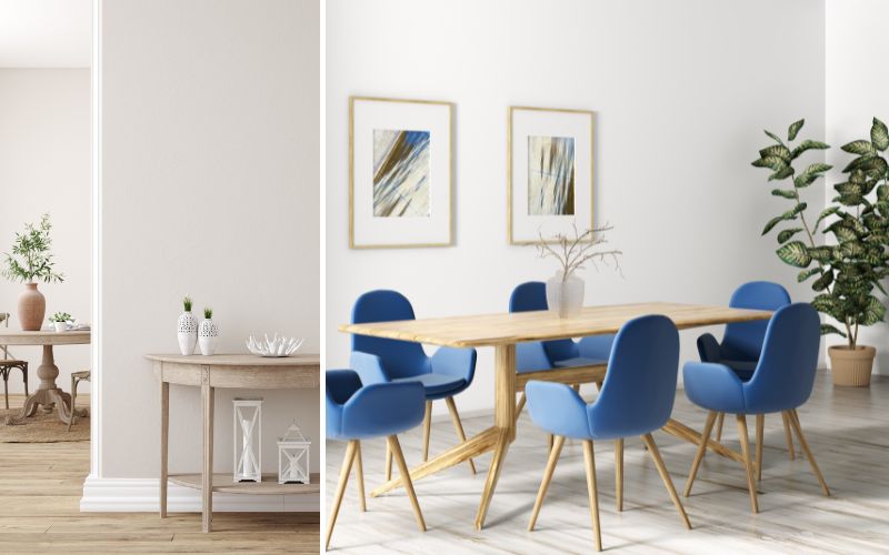 Malervlies an der Wand: links eine helle, glatte Wandgestaltung mit Malervlies im Flur, rechts ein Esszimmer mit weißem Malervlies an den Wänden, Holztisch und blauen Stühlen