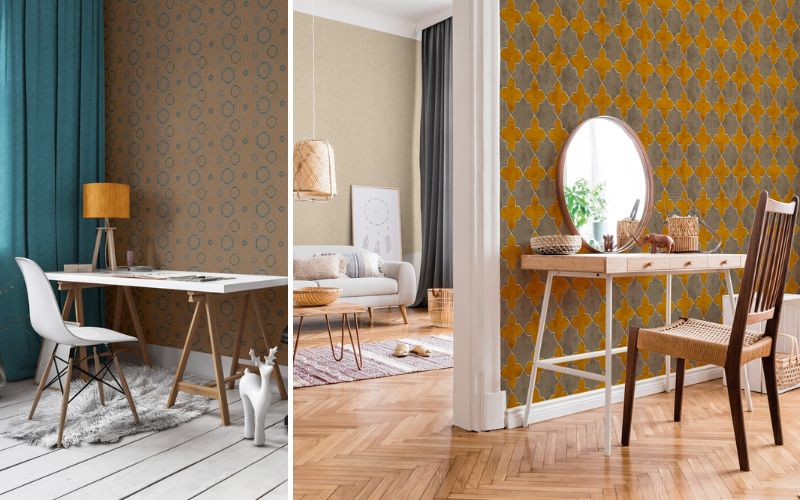 Wohnideen mit Vintage Tapeten: links braune Retro-Tapete im Arbeitszimmer, rechts bunte Vintage-Muster-Tapete im Flur mit Spiegel und Holzmöbeln.