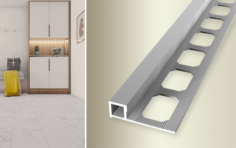 Fliesenschienen aus Aluminium: links ein modern gefliestes Zimmer mit weißen Marmorfliesen, rechts Detailaufnahme einer silbernen Fliesenschiene für saubere Kantenabschlüsse