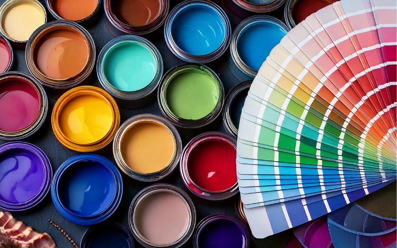 Farben in großer Auswahl: geöffnete Farbdosen mit kräftigen Tönen von Gelb über Blau bis Violett, daneben ein bunter Farbfächer zur Auswahl passender Nuancen